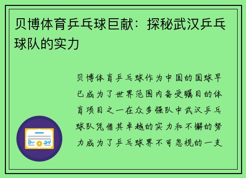 贝博体育乒乓球巨献：探秘武汉乒乓球队的实力